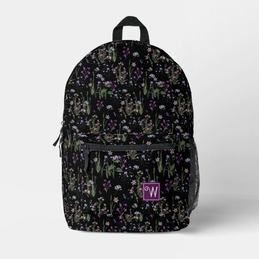  Ditsy FLoral Pattern Zwart Violet Monogram Bedrukte Rugzak (Voorkant)