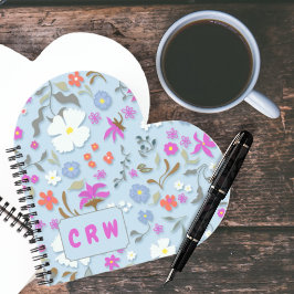 Ditsy Pop Floral Art Monogrammed Heart Shape Notitieboek