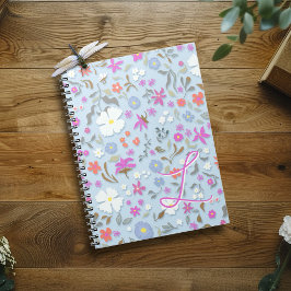 Ditsy Pop Floral Art Sky Blue Initial Notitieboek