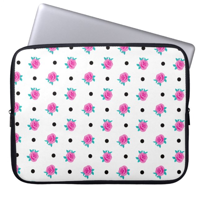 Ditsy Roze Rozen & Zwarte Polka Dots Laptop Sleeve (Voorkant)