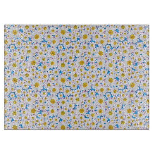 Ditzy Daisies over Blue Custom Glass Cutting Board Snijplank (Voorkant)
