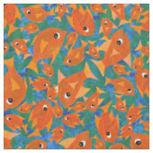 Ditzy Oranje Fishing Pattern on Blue Green Fabric Stof (Close Up)