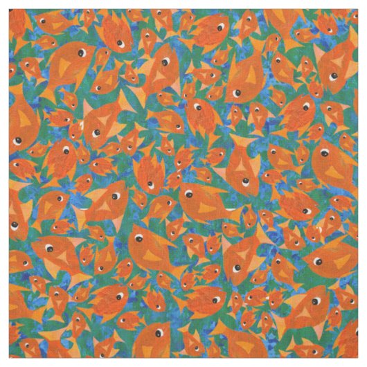 Ditzy Oranje Fishing Pattern on Blue Green Fabric Stof (Swatch)