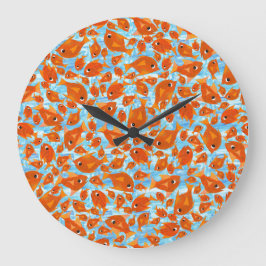 Ditzy Oranje Fishing Pattern on Watery Blue Clock Grote Klok