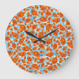 Ditzy Oranje Fishing Pattern on Watery Blue Clock Grote Klok