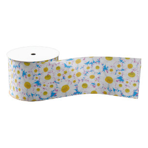Ditzy White Daisies, Blue Custom Grosgrain Ribbon Grosgrain Lint