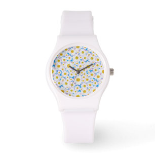 Ditzy White Daisies op Blue Custom Sporty Watch Horloge