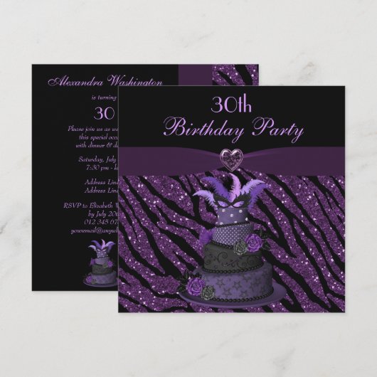 Diva Cake & Printed Zebra Glitter 30th Birthday Kaart (Voorkant / Achterkant)