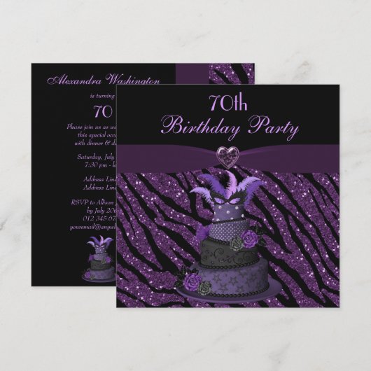 Diva Cake & Printed Zebra Glitter 70th Birthday Kaart (Voorkant / Achterkant)