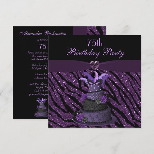 Diva Cake & Printed Zebra Glitter 75th Birthday Kaart (Voorkant / Achterkant)