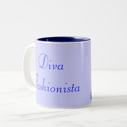 Diva fashionista in Blue I Tweekleurige Koffiemok (Voorkant links)
