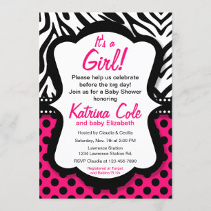 Diva Hot Pink Zebra Girl Baby shower Uitnodiging