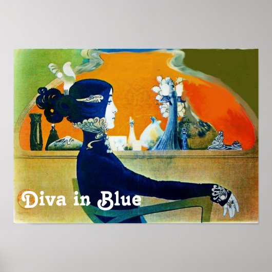 DIVA in BLAUW/Beauty, Hair, Mode Art Nouveau Poster (Voorkant)