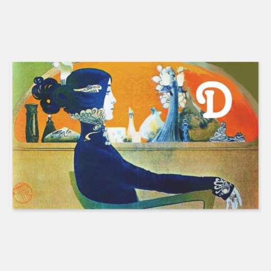 DIVA IN BLAUW, BEAUTY MODE MONOGRAM RECHTHOEKIGE STICKER (Voorkant)