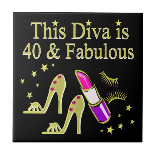 DIVA IS 40 EN FANTASTISCH GOUDEN HOGE HAK ONTWERP TEGELTJE (Voorkant)