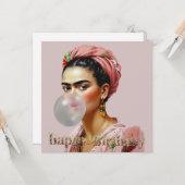 Diva met bloemensjaal die bubbelgom blaast kaart (Voorkant / Achterkant in situ)