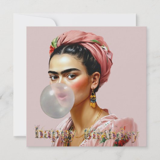 Diva met bloemensjaal die bubbelgom blaast kaart (Voorkant)