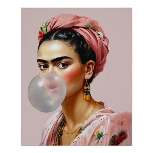 Diva met bloemensjaal die bubbelgom blaast perfect poster (Voorkant)