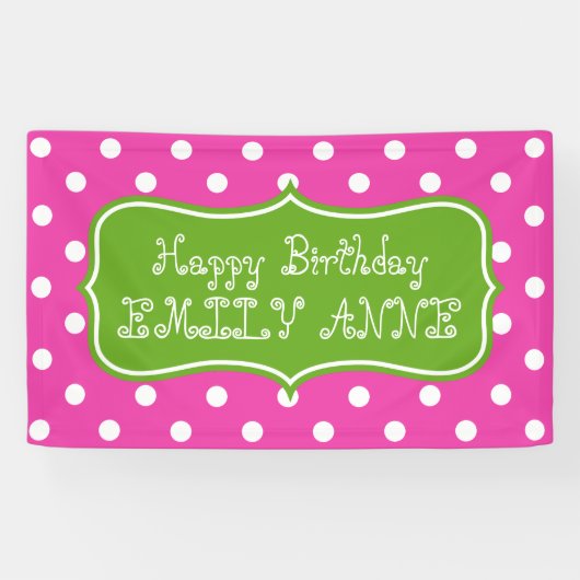 Diva Pink en Green Apple Polka Dot gepersonaliseer Spandoek (Horizontaal)