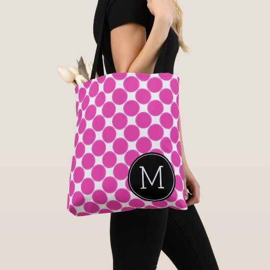 Diva Roze en Witte Stippen met Zwarte Monogram Tote Bag (Dichtbij)