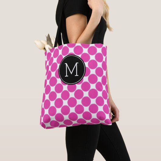 Diva Roze en Witte Stippen met Zwarte Monogram Tote Bag (Dichtbij)