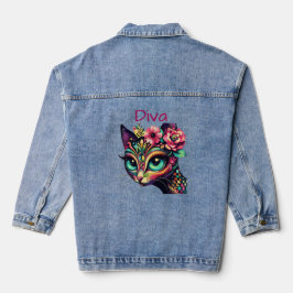 Diva Whimsical Big-Eye Cat Kat Bloemen Denim Jacket