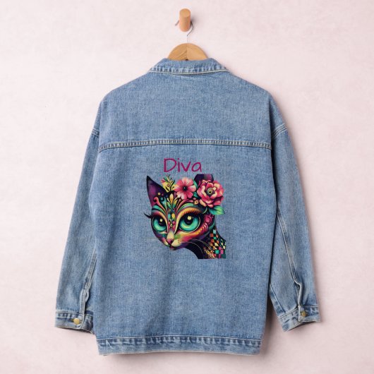 Diva Whimsical Big-Eye Cat Kat Bloemen Denim Jacket (Hangar)