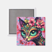 Diva Whimsical Big-Eye Cat Kat Bloemen Magneet (Voorkant / Achterkant)