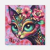 Diva Whimsical Big-Eye Cat Kat Bloemen Magneet (Voorkant)