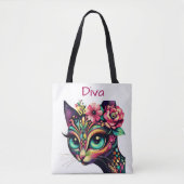 Diva Whimsical Big-Eye Cat Kat Bloemen Tote Bag (Voorkant)