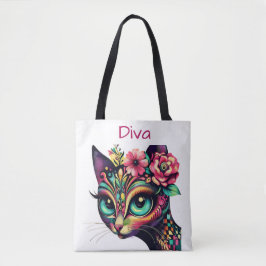 Diva Whimsical Big-Eye Cat Kat Bloemen Tote Bag