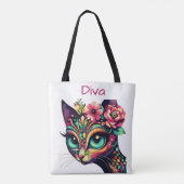 Diva Whimsical Big-Eye Cat Kat Bloemen Tote Bag (Achterkant)
