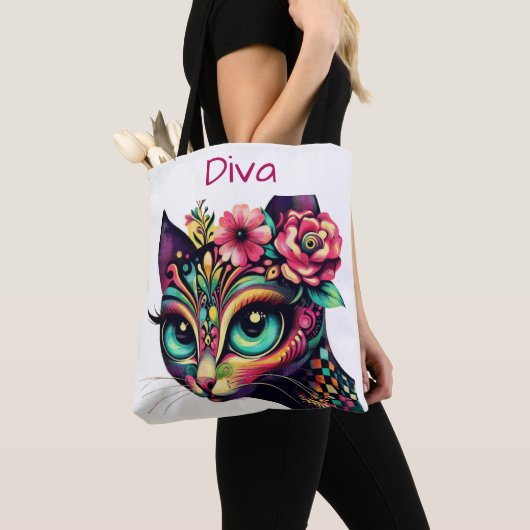 Diva Whimsical Big-Eye Cat Kat Bloemen Tote Bag (Dichtbij)