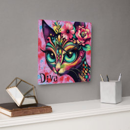 Diva Whimsical Big-Eye Cat Kat Bloemen Vierkante Klok