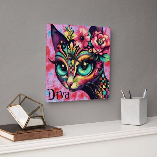 Diva Whimsical Big-Eye Cat Kat Bloemen Vierkante Klok (Kantoor)