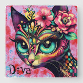 Diva Whimsical Big-Eye Cat Kat Bloemen Vierkante Klok (Voorkant)