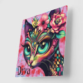 Diva Whimsical Big-Eye Cat Kat Bloemen Vierkante Klok (Hoek)