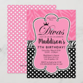 Diva Zebra Pink and Black Girl's Birthday Party Kaart (Voorkant / Achterkant)
