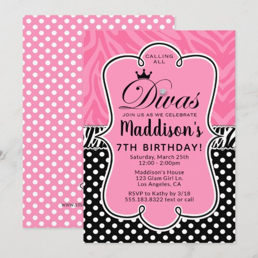 Diva Zebra Pink and Black Girl's Birthday Party Kaart (Voorkant / Achterkant)
