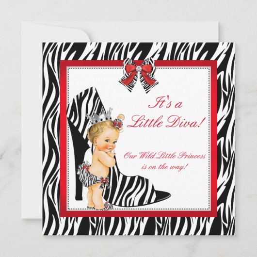 Diva Zebra Princess Girl Baby shower Blonde Kaart (Voorkant)
