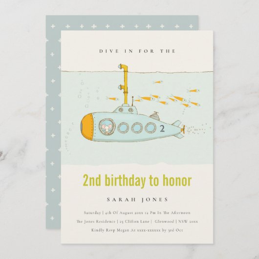 Dive in onderzeeër elke zondag uitnodigen bedankkaart (Voorkant / Achterkant)