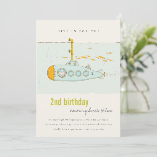Dive in onderzeeër elke zondag uitnodigen bedankkaart (Staand voorkant)