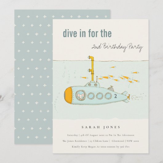 Dive in onderzeeër elke zondag uitnodigen bedankkaart (Voorkant / Achterkant)