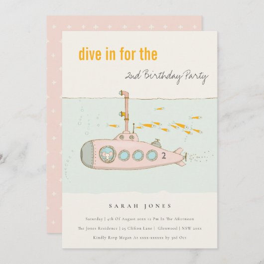 Dive in onderzeeër elke zondag uitnodigen bedankkaart (Voorkant / Achterkant)