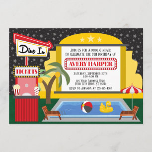 Dive in pool & Movie Birthday Invitation Kaart