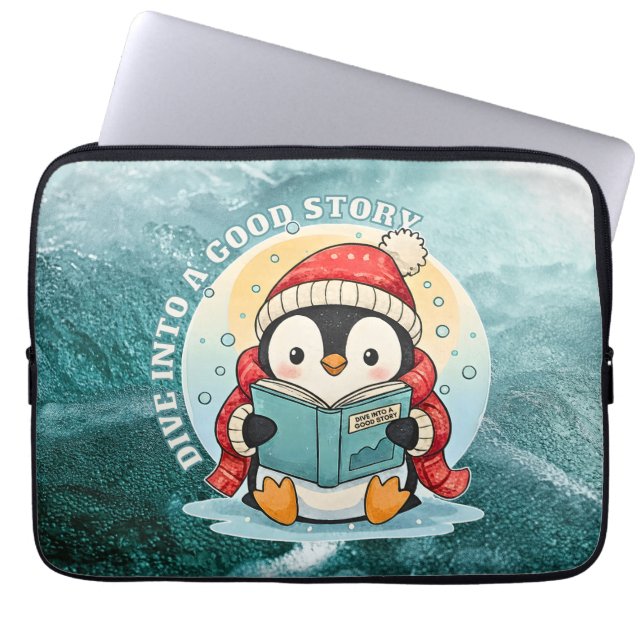 Dive Into A Good Story Penguin Metal Art Laptop Sleeve (Voorkant)