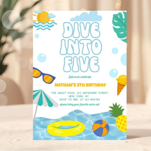 Dive Into Five Boy 5th Birthday Pool Summer Party Kaart
