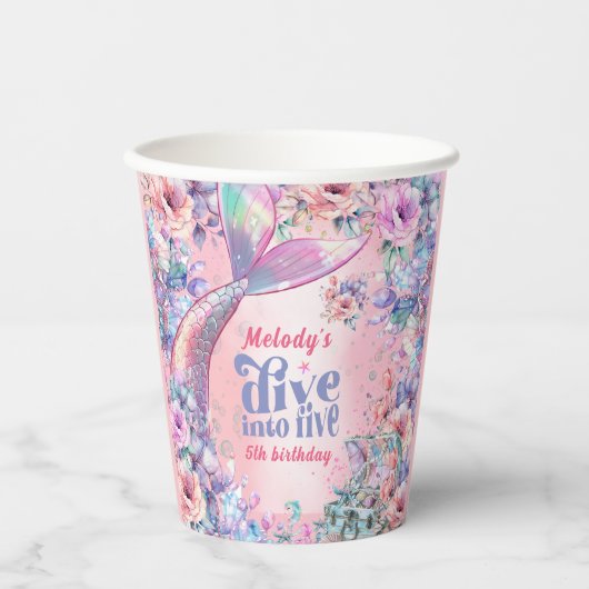 Dive into Five Flower Glitter Mermaid Tail Papieren Bekers (Voorkant)