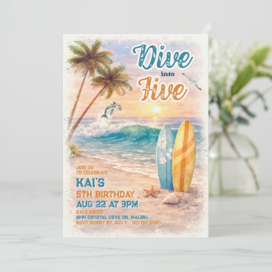 Dive into Five Retro Surf Beach 5th Birthday Kaart (Staand voorkant)