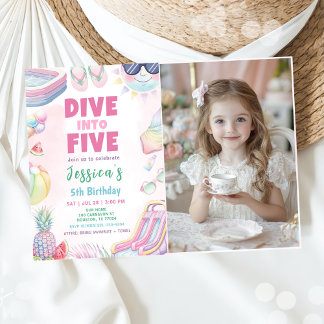 Dive Into Five - Summer Girl 5th Birthday Photo Kaart